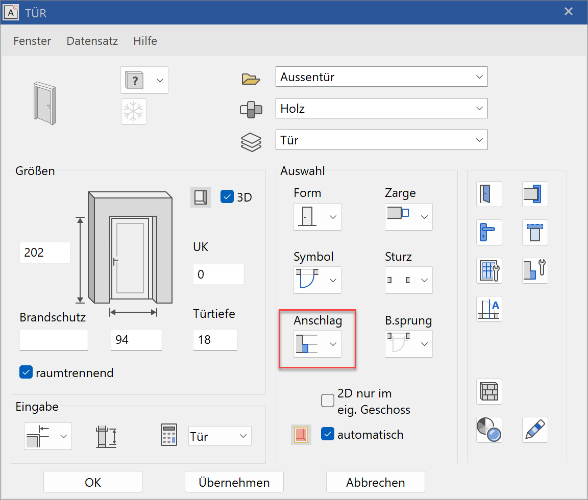 Türdetailparameter ELITECAD Mechanik 16 Help Center