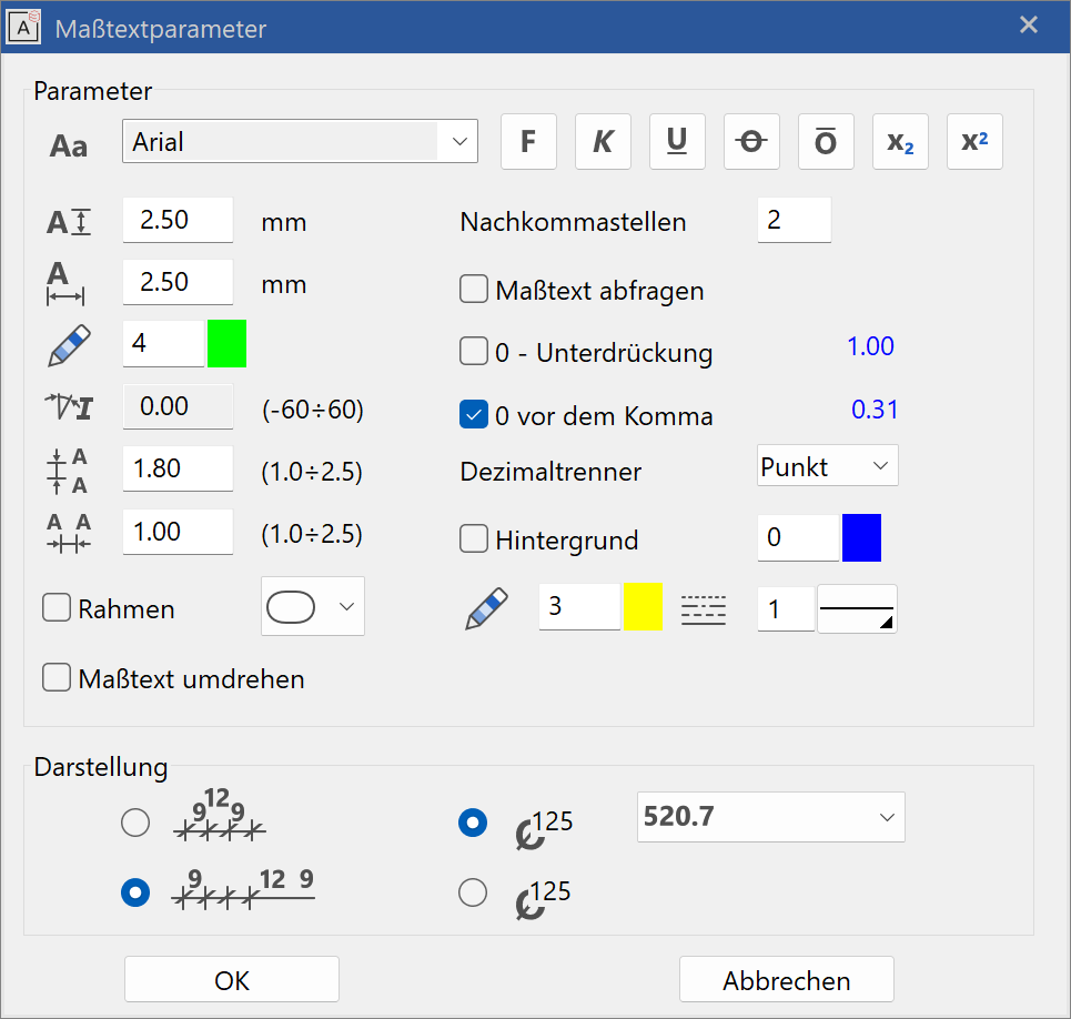 dimension-text-parameter-menu