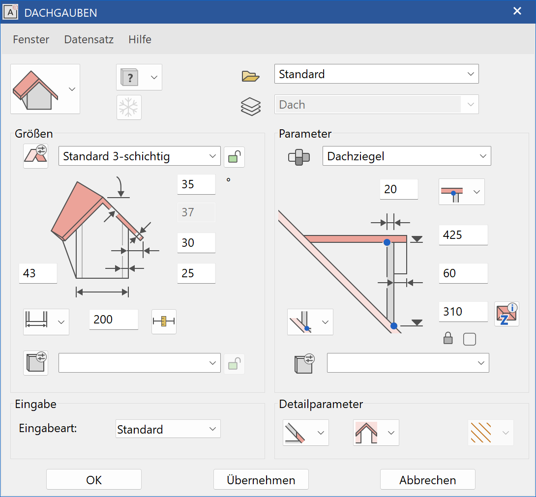 dormer-parameter-menu