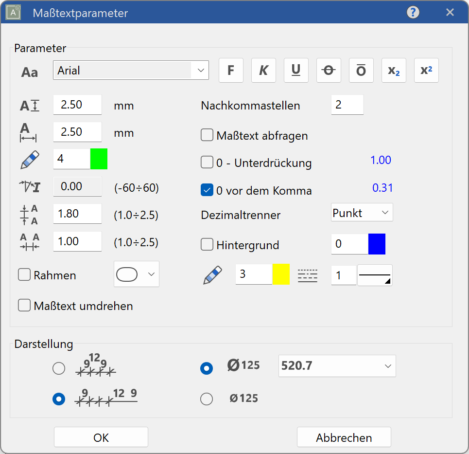 dimension-text-parameter-menu